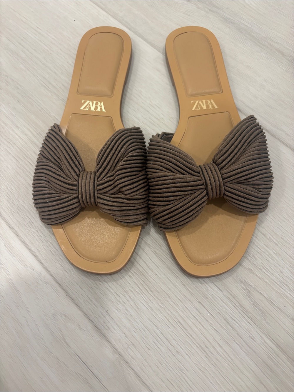 ZARA Tan Footbed Brown Knotted Bow Slide Mules